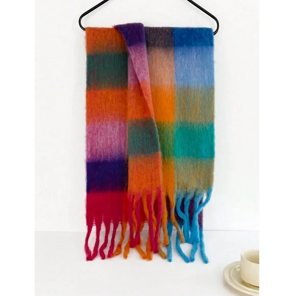 Plaid Multicolor Wide Shawl Scarf With Tassels Fuzzy Knit - Picture 6 of 8
